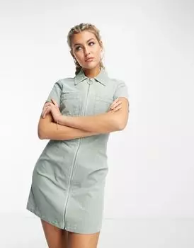 Зеленое вельветовое платье-рубашка на молнии ASOS