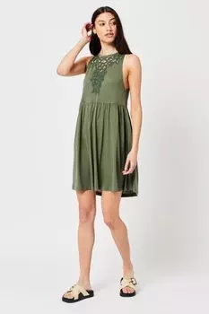 Зеленое винтажное летнее платье с кружевной вставкой без рукавов Superdry, зеленый