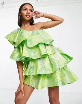 Зеленое жаккардовое платье мини на одно плечо с оборками ASOS LUXE