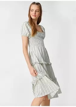 Зеленое женское платье длиной выше колена с квадратным воротником и короткими рукавами Koton
