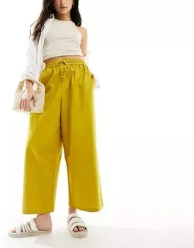 Зеленовато-желтые брюки без застежки из смесового льна ASOS