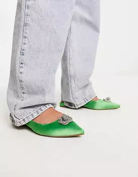 Зеленые атласные балетки с открытой пяткой и декором ASOS DESIGN Wide Fit Lotus