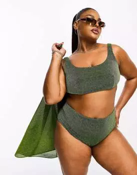 Зеленые блестящие плавки бикини с высокой талией ASOS DESIGN Curve