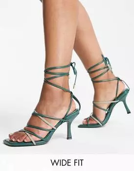 Зеленые босоножки на среднем каблуке с завязками и ремешками ASOS DESIGN Wide Fit Hiccup
