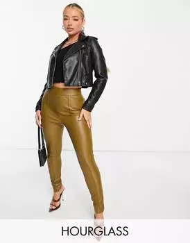 Зеленые брюки цвета хаки из искусственной кожи с защипами ASOS DESIGN Hourglass