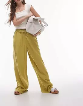 Зеленые брюки из смесового льна Topshop – объемного кроя