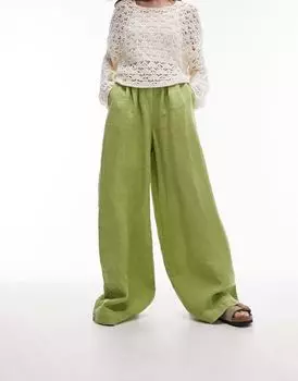 Зеленые льняные брюки со складками Topshop