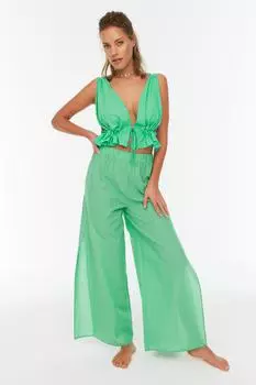 Зеленые льняные пляжные брюки с фактурным разрезом Trendyol, зеленый