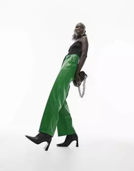 Зеленые широкие брюки из искусственной кожи Topshop Petite