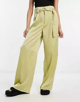 Зеленые широкие брюки с завышенной талией и поясом Public Desire