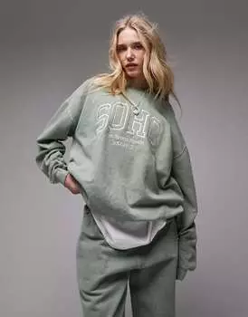 Зеленые винтажные свитшоты Topshop в стиле oversize с графической вышивкой Soho