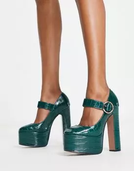 Зеленые высокие туфли на платформе под крокодила ASOS DESIGN Preppy Mary Jane