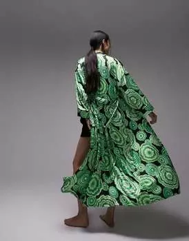 Зеленый атласный халат Topshop с цветочным принтом