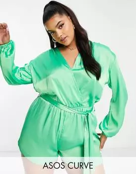 Зеленый атласный пляжный комбинезон ASOS DESIGN Curve