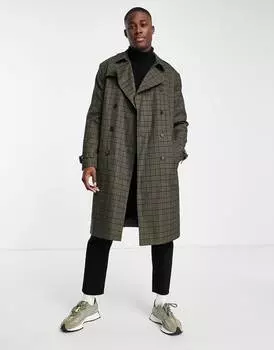 Зеленый двубортный тренч в клетку ASOS DESIGN