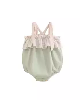 Зеленый комбинезон для девочки с рюшами и подтяжками с бантами Dadati