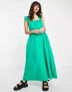 Зеленый комбинезон палаццо с оборками на рукавах Topshop