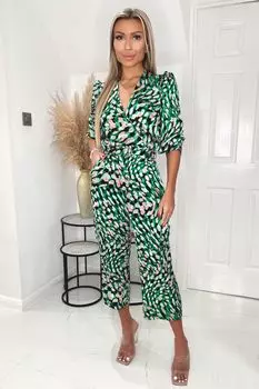 Зеленый комбинезон с принтом рукавами 3/4 V-образным вырезом и поясом AX Paris, зеленый