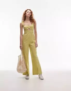 Зеленый комбинезон с вырезом в мелкую клетку Topshop