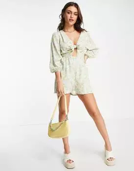 Зеленый комбинезон с завязками спереди и завязками Miss Selfridge в стиле ретро с цветочным принтом