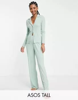Зеленый комплект из рубашки и брюк в рубчик ASOS DESIGN Tall lounge