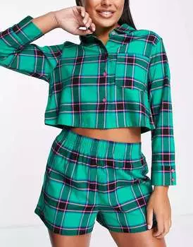 Зеленый комплект из тканой рубашки в клетку и короткой пижамы ASOS