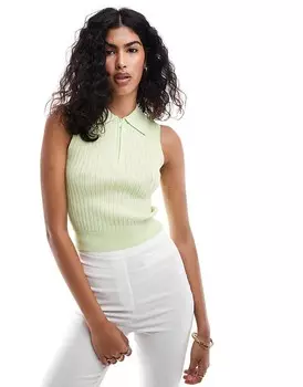 Зеленый лаймовый топ-поло без рукавов в рубчик Mango
