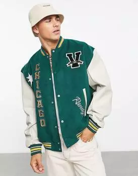 Зеленый оверсайз-бомбер с рукавами из искусственной кожи ASOS DESIGN