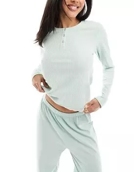 Зеленый пижамный топ на пуговицах в рубчик ASOS DESIGN Mix and Match с кружевной отделкой
