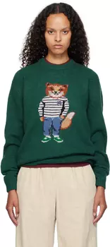Зеленый свитер с рисунком лисы в технике интарсия Maison Kitsune, Pine