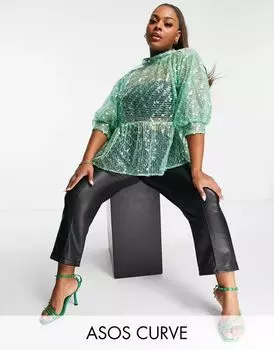 Зеленый топ с баской и высоким воротником ASOS Curve