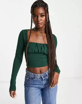 Зеленый топ с длинными рукавами и сборками на груди ASOS DESIGN