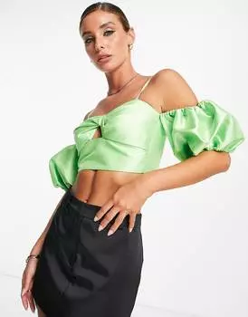 Зеленый топ с открытыми плечами и пышными рукавами ASOS DESIGN