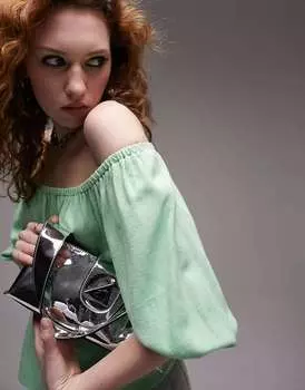 Зеленый топ с открытыми плечами из льняного микса Topshop
