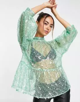 Зеленый топ с высоким воротником и баской с пайетками ASOS DESIGN