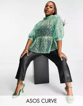 Зеленый топ с высоким воротником и баской с пайетками ASOS DESIGN Curve