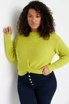 Зеленый трикотажный свитер с круглым вырезом и узлом Trendyol