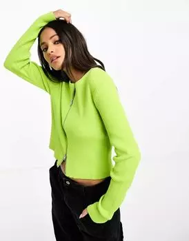 Зеленый трикотажный топ в рубчик на молнии Monki