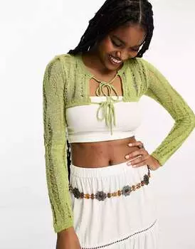 Зеленый укороченный кардиган с завязками спереди ASOS