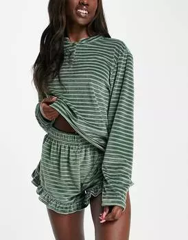 Зеленый велюровый топ и шорты на пуговицах в полоску ASOS DESIGN