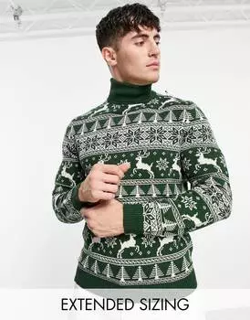 Зеленый вязаный рождественский джемпер с оленями ASOS DESIGN