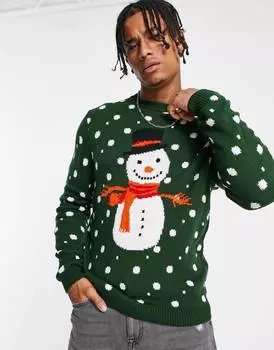 Зеленый вязаный рождественский джемпер со снеговиком ASOS DESIGN