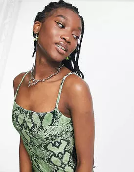 Зелёное бархатное платье миди со змеиным принтом COLLUSION