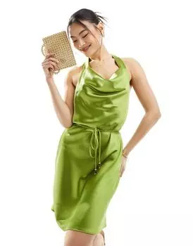 Зелёное мини-платье с воротником-бретелькой и поясом River Island
