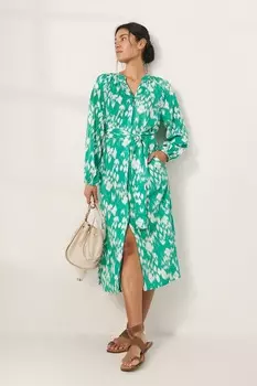 Зелёное платье-кафтан с принтом и поясом Jd Williams, зеленый