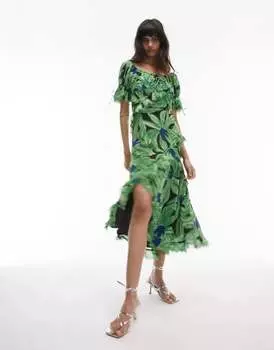 Зелёное платье миди для особых случаев Topshop с цветочным принтом, завязками на спине и необработанным подолом