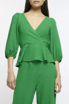 Зелёный фактурный топ с баской River Island, зеленый