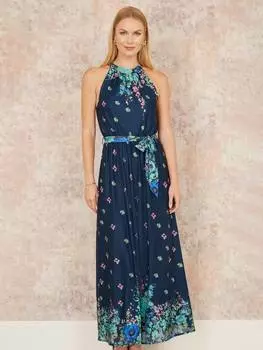 Зеркальное макси-платье с цветочным вырезом на шее Yumi, темно-синий