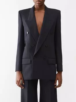 Жакет из смесовой шерсти с увеличенными плечами в тонкую полоску Saint Laurent, синий