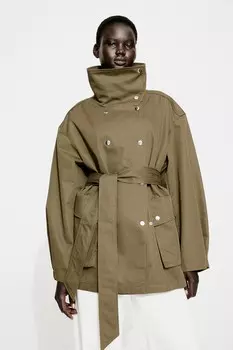 Жакет из твила с завязывающимся поясом H&M, хаки